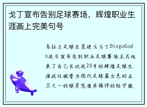 戈丁宣布告别足球赛场，辉煌职业生涯画上完美句号